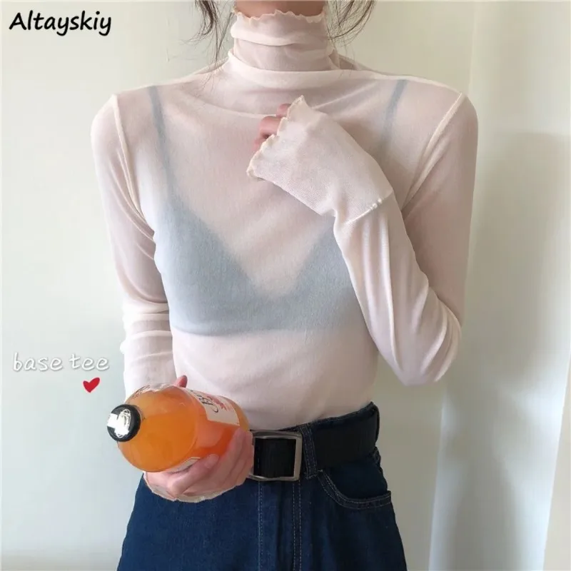 

Turtleneck T-shirts Women Slim Sheer Inner Harajuku Summer Thin O-neck Tops Korean Style Casual All-match Simple Chic Streetwear