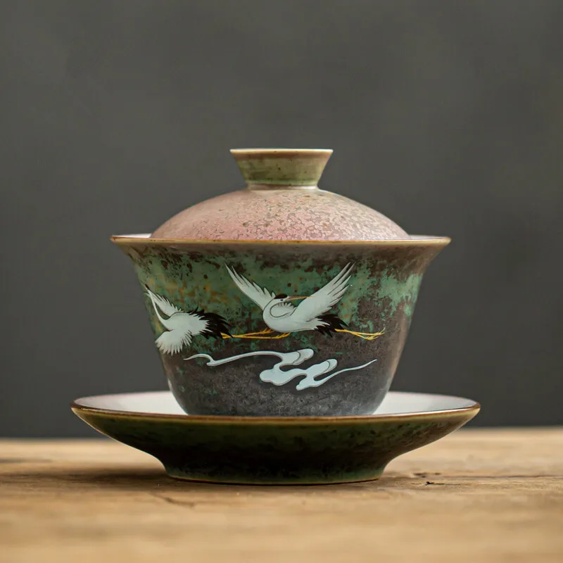 Anti-scald Large Ceramic Retro Tea Cover Bowl with Lid Sancai Gaiwan Single Tea Bowl Hand Painted Shining Crane Cover