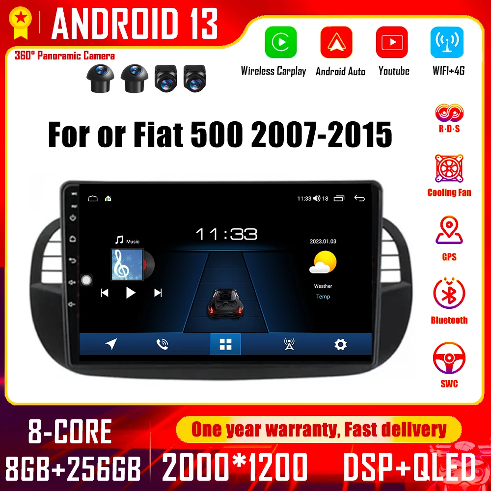 Android 13 Per Fiat 500 2007- 2015 Autoradio Lettore Video Multimediale Carplay Navigazione Gps Stereo Screem Wireless Carplaybt Dsp