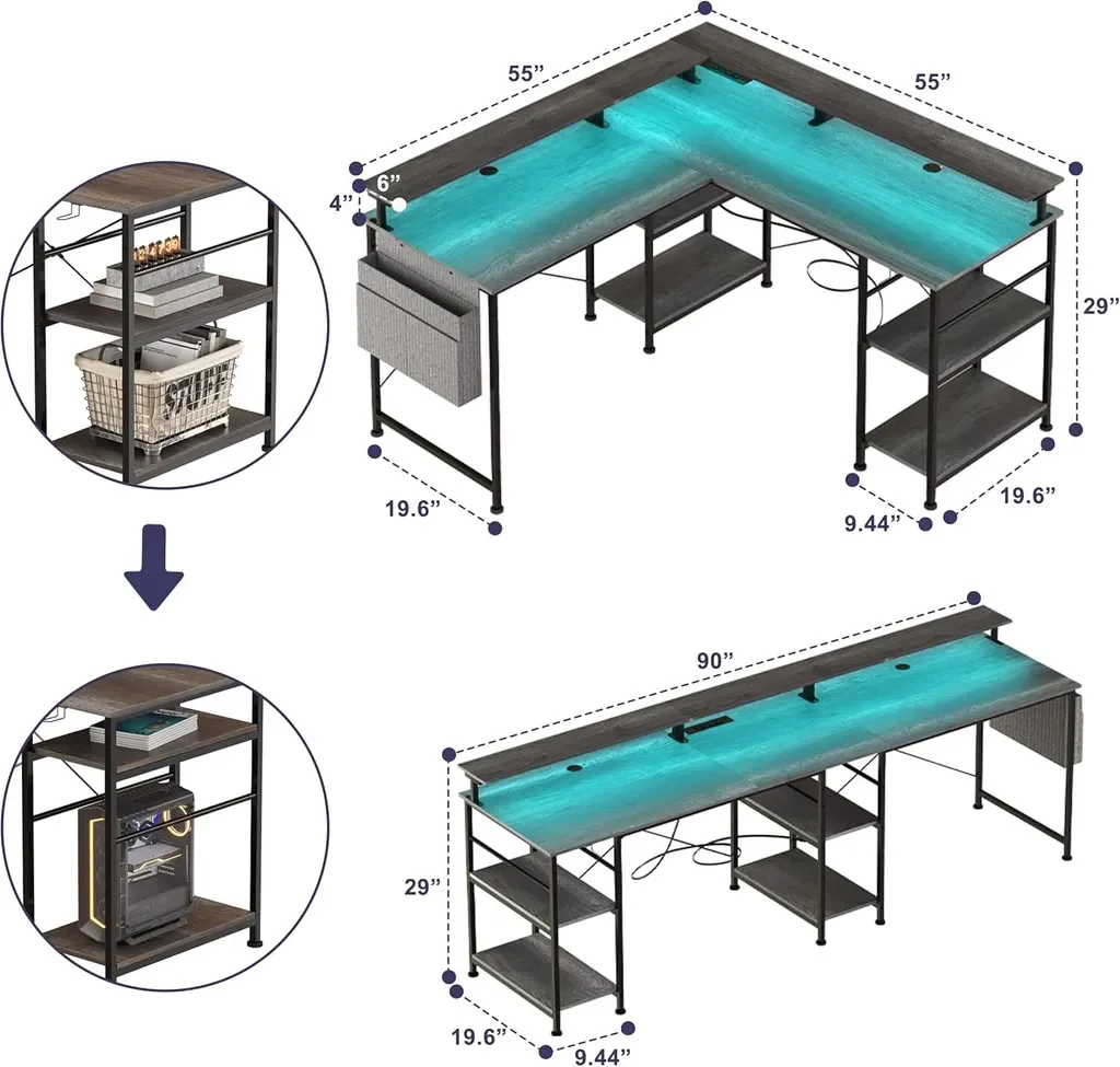 Scrivania A L TIQLAB 165 Cm Con Cassetti – Scrivania Da Gaming Con Presa Incorporata E Luci LED, Reversibile, Per Ufficio E Casa - 2