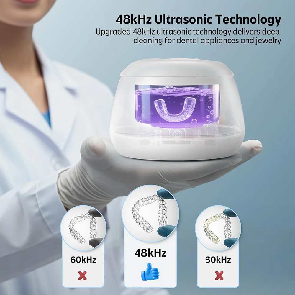 KUNPHY Dental Cleaning Pod 200ML 48kHz Ultrasonic Retainer Cleaner Machine for Jewelry Dentures Dental Appliances UV Cleaner 3