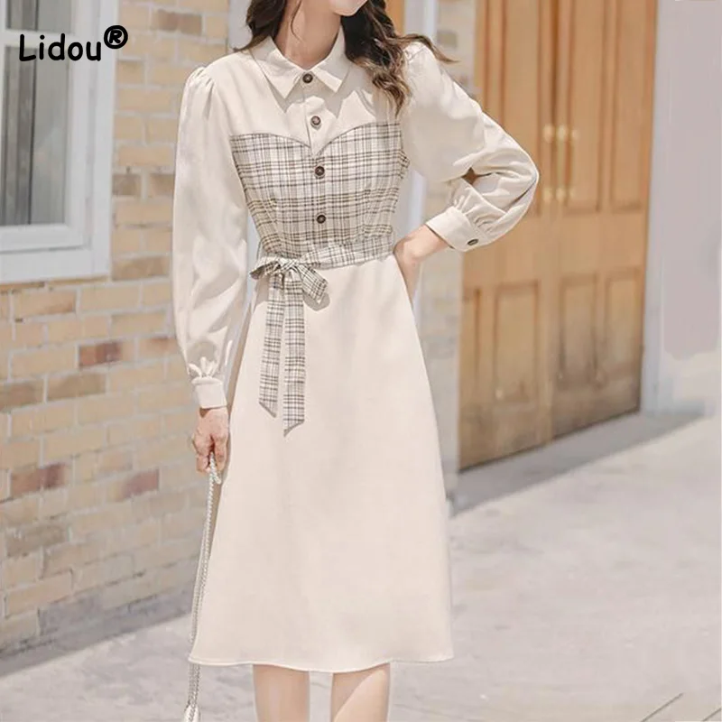 

Spring Autumn Women's Clothing Elegant Plaid Printing Long Sleeve Fashion Turn-down Collar Bandage Button Midi Brushed Dress
