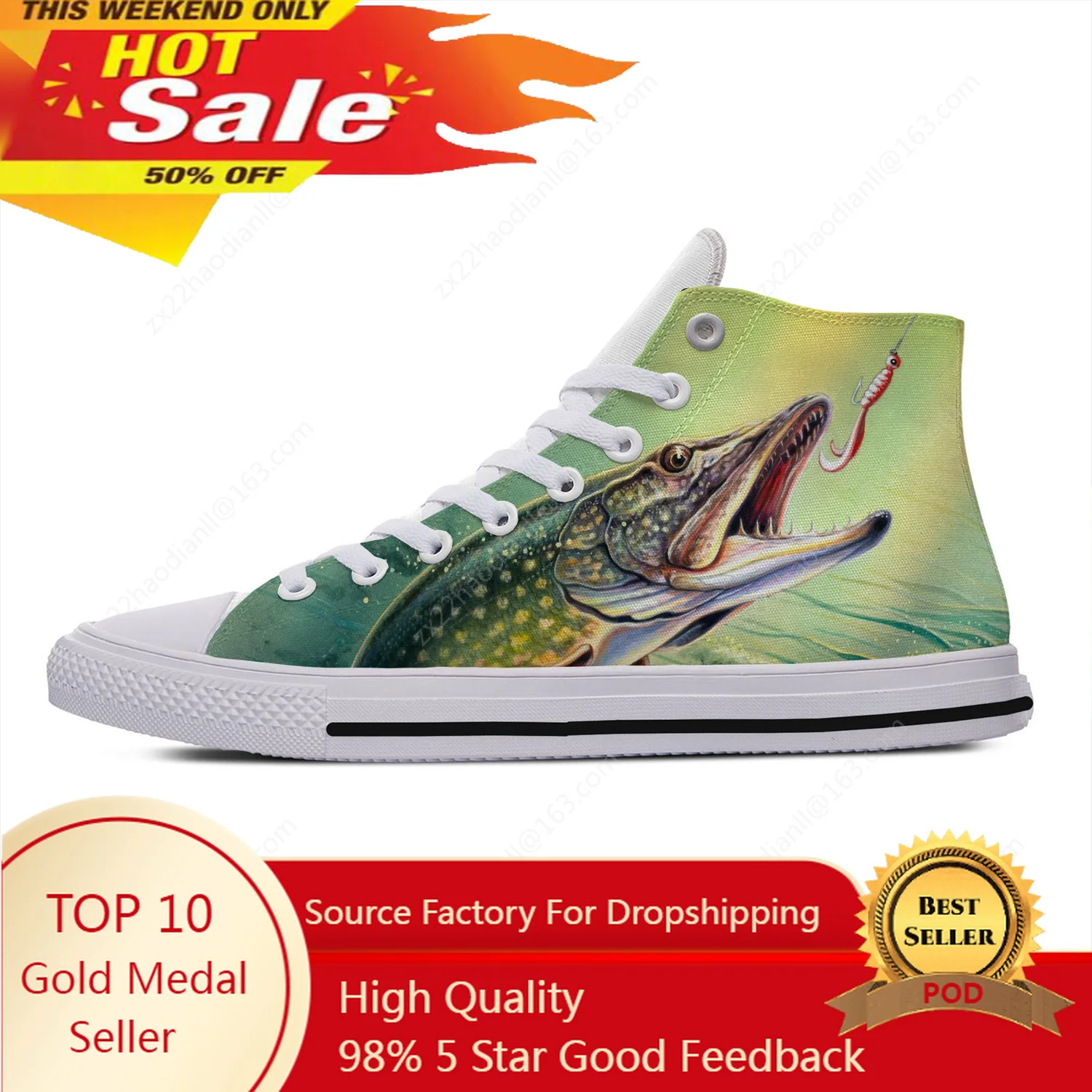 Animal Fishing Pattern Lightweight Cloth 3D Print Funny Cute Fashion High Top Canvas Shoes Men Women Casual Breathable Sneakers