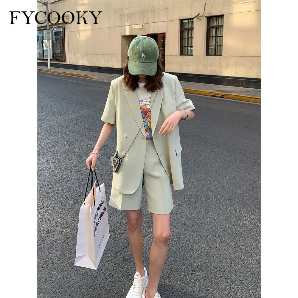 Korean Loose 2 Piece Women Short Set with Blazer Summer 2023 Thin Short-sleeved Blazers + Shorts Casual Office Ladies Suits