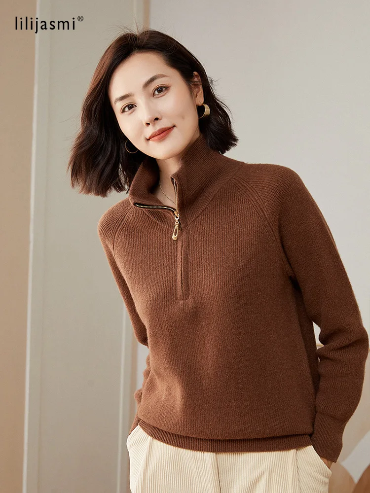 2022 Heavy Women Zippered Half High Collar 100 Wool Pullover Thick
