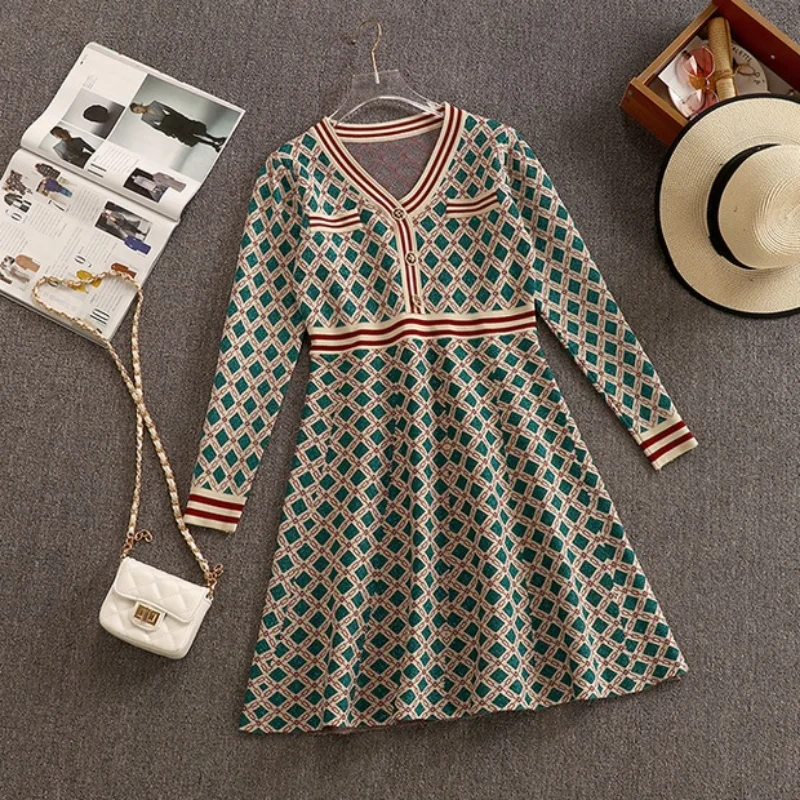 

Plaid Green Dress Women Elegant Button Up Autumn Winter BabYoung High Quality Ladies Knitted Party Dresses Vestido Navidad Mujer