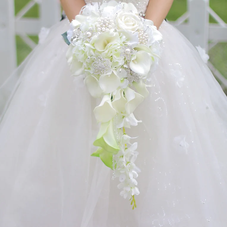 JaneVini Royal Blue Calla Lily Waterfall Wedding Bouquet Crystal Artificial Bride Flowers Pearls Teardrop Bridal Brooch Bouquets