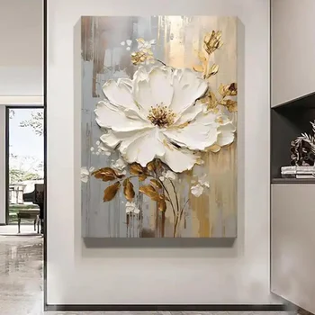 Speciale astratto fiore bianco coltello pittura a olio spessa su tela fatta a mano lamina d'oro fiore di lusso floreale Wall Art Room Decor 1