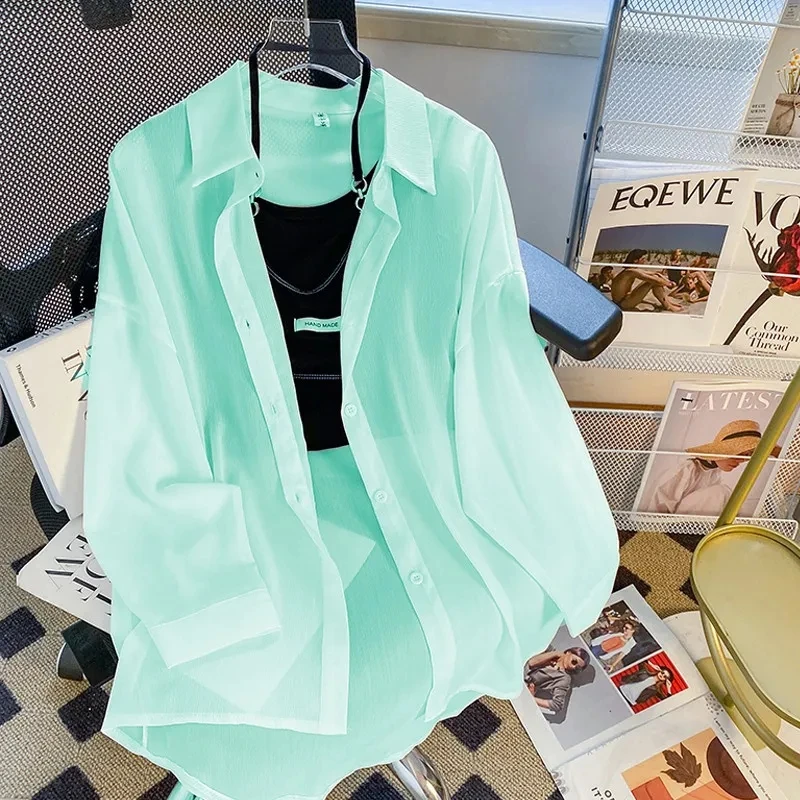 

2024 Shirt for Women Clothing Blouse Long Sleeve Top Female Chiffon Loose Cardigan Thin Sexy Solid Color Casual Sunscreen Shirt