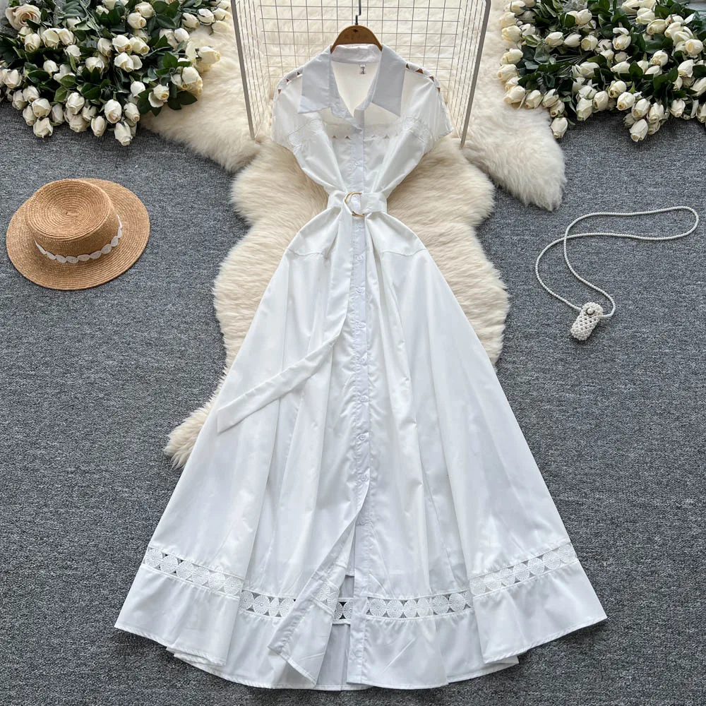 chinese dress ladies Generic Women Hollow Out Lace Midi Dress O Neck Short Sleeve Casual A-Line  Party Dress Beige, Small at Amazon Women's Clothing store main image 1