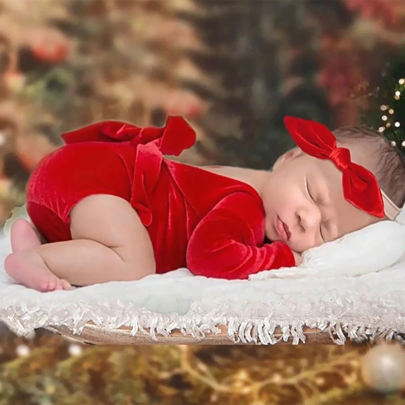 

N80C Infant Photo Props Photography Outfit Christmas Bodysuit Headband Shower Gift