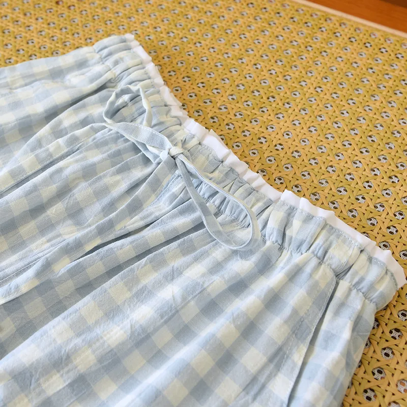 2026 new women's sleepwear 100% cotton gauze lace checkered pants Japanese minimalist home pants bottoms womens sleepwear - 5