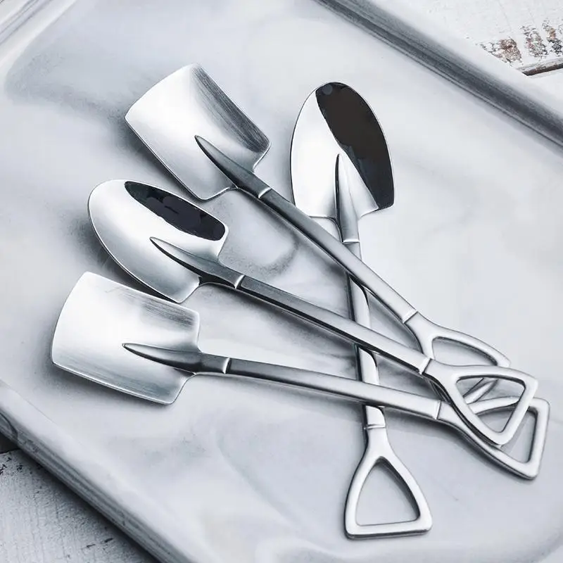4PCS Stainless Steel Creative Coffee Shovel Spoon Set - Retro Square Head Spoons for Dessert and Ice Cream
