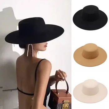 Fashion Flat Top Woolen Hat Jazz Hat,Blend Fedora Formal Top Hat,Elegant Flatcap Wide Brim Felt Hat Party hat