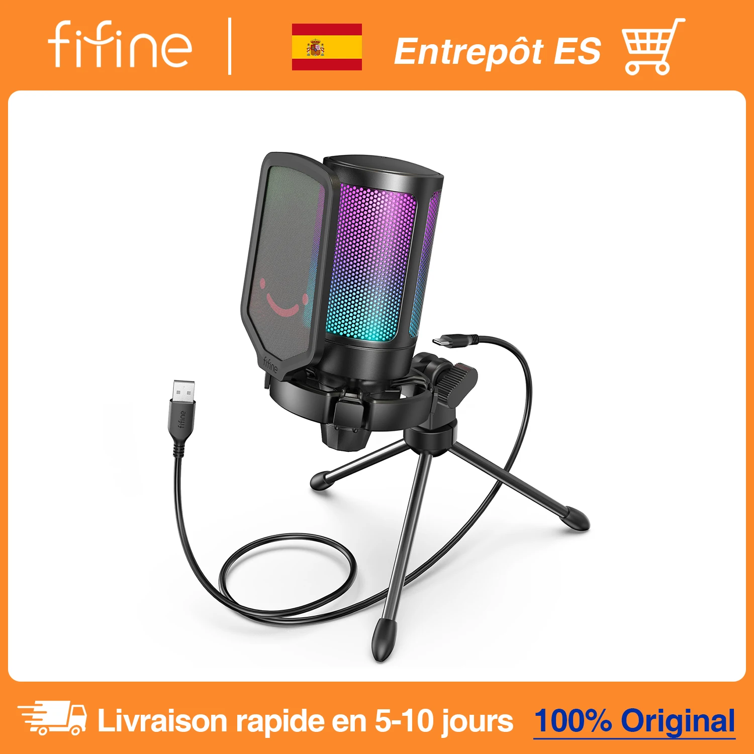 FIFINE Ampligame Microphone USB pour le Streaming de jeux avec filtre anti-Pop support anti-choc et contrôle de la Gain, micro à condensateur pour PC/MAC