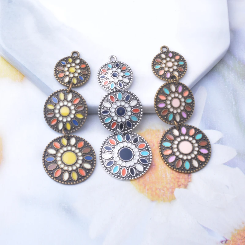 6 Stück/Set Legierung Antikbronze Silberfarben Runde Lange Anhänger Bohemian-Stil Emaille Anhänger DIY Ohrringe Schmuckzubehör