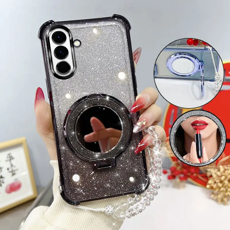 Glitter Four-Corner Shockproof Phone Case with Mirror Stand and Beaded Strap