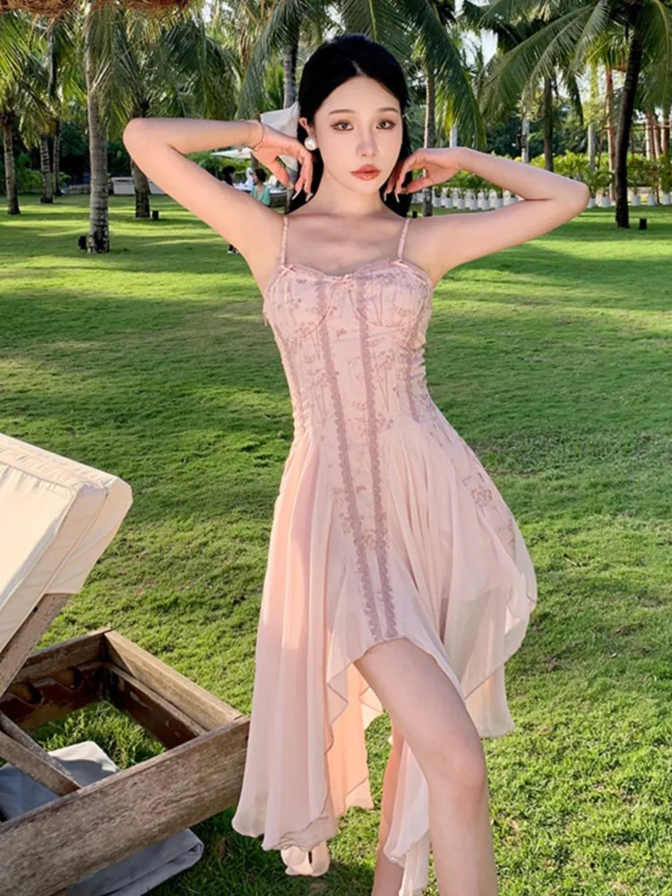 

Sexy Solid Mesh Dresses For Women Lace Patchwork Chiffon Spaghetti Strap Slim High Waist Holiday Beach Style One Piece Vestidos