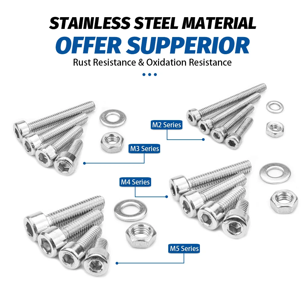 Hex Socket Head Cap Screw Set 880Pcs Hexagon Hex Socket Head Cap Screw Set M2 M3 M4 M5 Stainless Steel Nuts Washer Assortment Kit