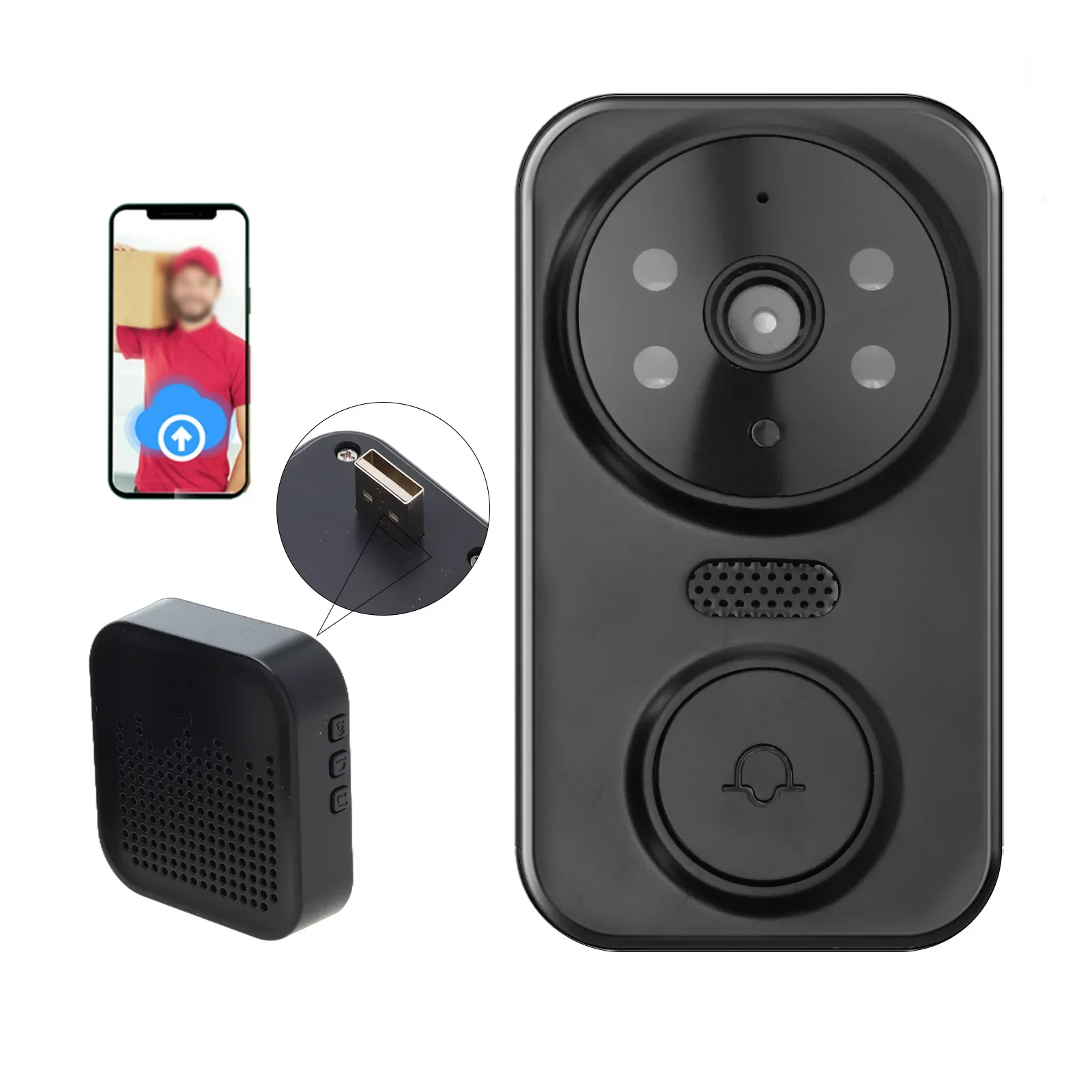 Smart Wireless Remote Video Doorbell Remote Doorbell Noise-Canceling Mic APP Controlled Automatic Working Charging Cable