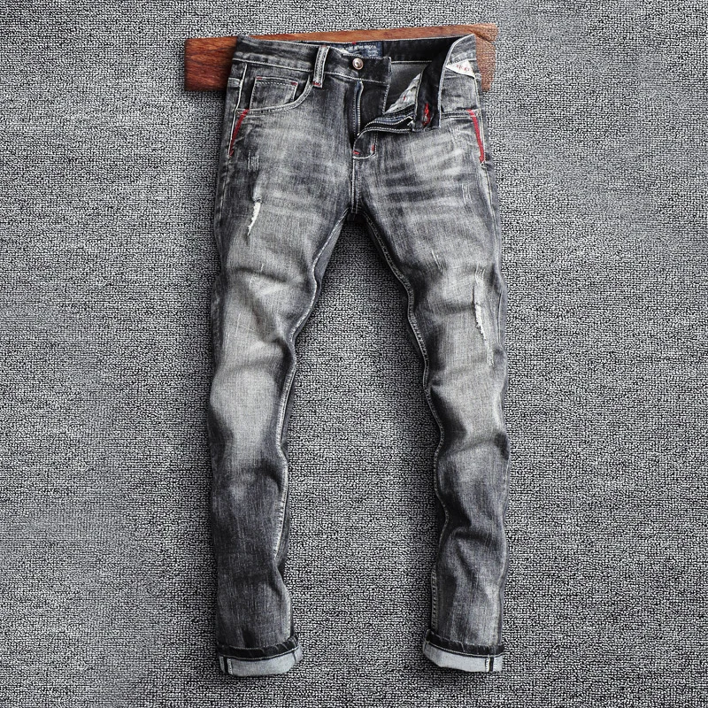 Men Jeans Ripped Jeans Italian Style Fashion Men Jeans Retro Gray Elastic Slim Fit Ripped Jeans Men Trousers Vintage Designer Casual Denim Pants Hombre