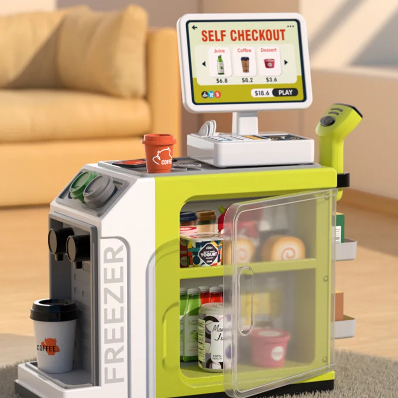 

Child Multifunctional Cash Register Refrigerator Coffee Machine QR Code Scanning Cash Register Toy Shopping Cart Early Education