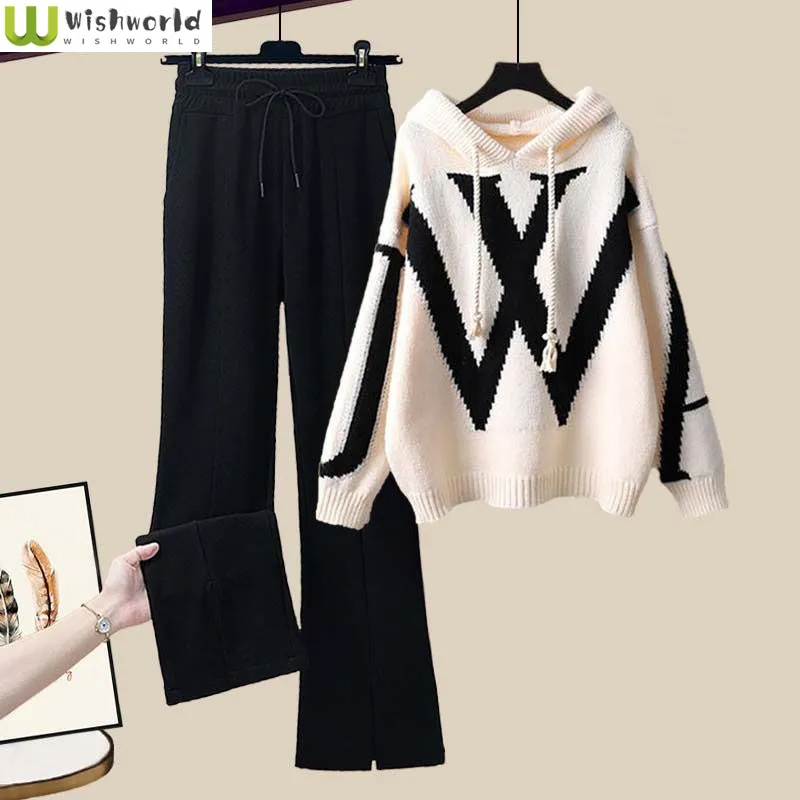 Korean Popular Personalized Knitted Hoodie Sweater Thin Line Wide Leg Pants Two-piece Elegant Women's Pants Set Tracksuit Outfit