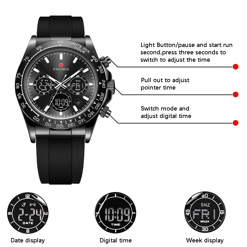 FOXBOX 2024 New Men Watch Quartz Top Brand Luxury Digital Male Clock Military Chronograph Sport Original Silicone Wristwatch