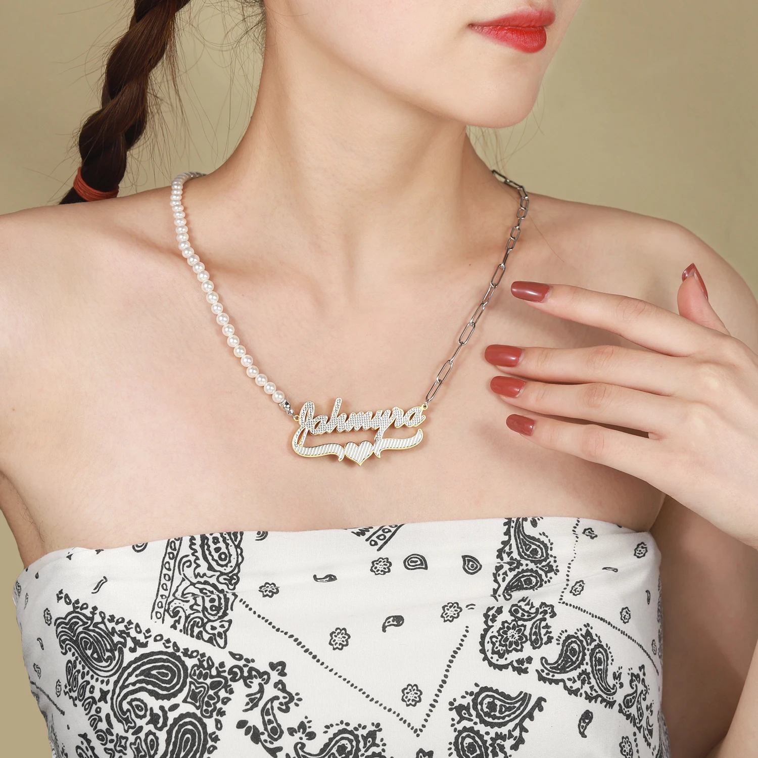 Double Plate Personalized Name Necklace With Heart Two Tone 18K Gold Plated Custom Nameplate Necklaces Pearl Chain Women Jewelry