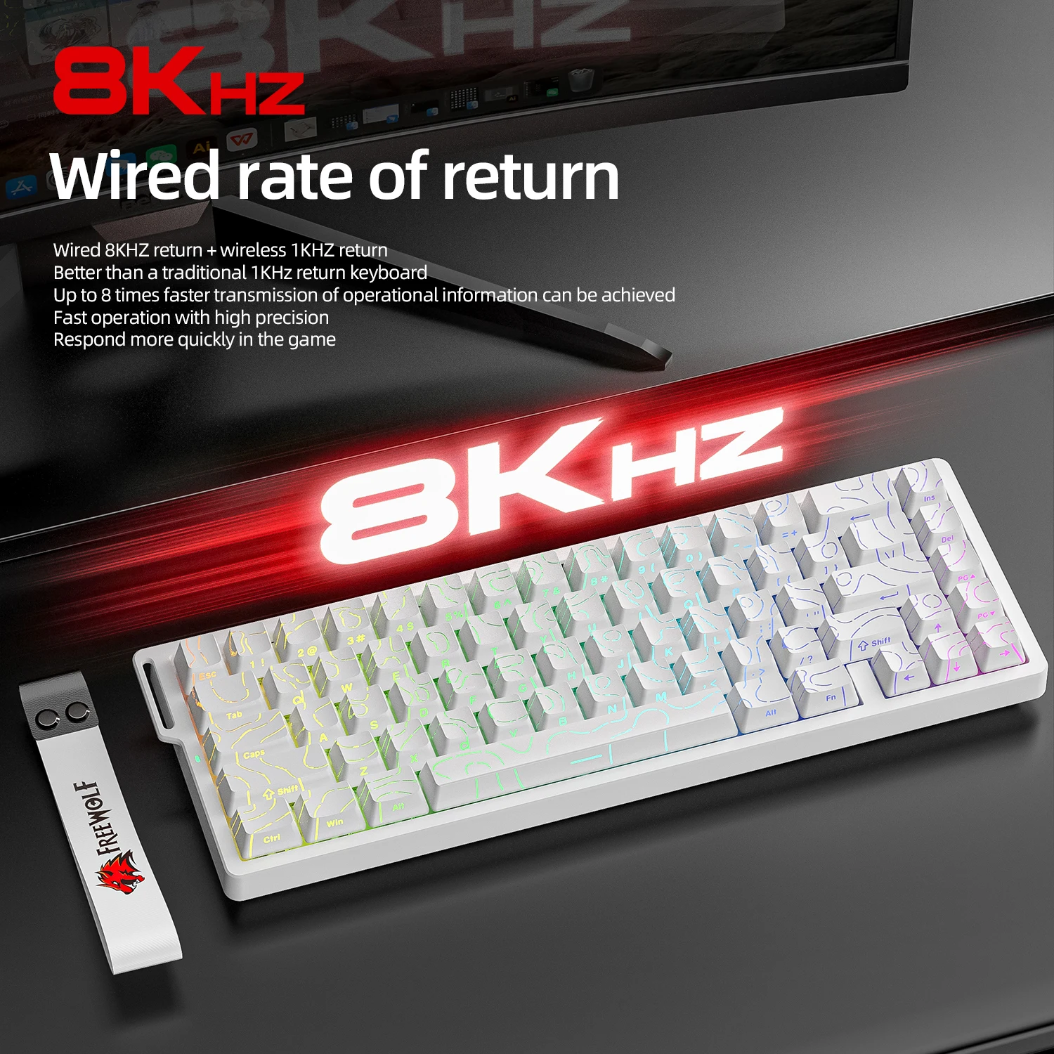 FREEWOLF F68 F68Pro 게임용 키보드 마그네틱 스위치 3모드 무선 Bluetooth 유선, 8K/1K 폴링 RGB 핫스왑 RT VALORANT FPS