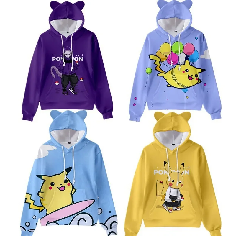 

3D New Pokemon Cute Kawaii Cat Ears Hooded Pikachu Digital Printed Children's Sweatshirt Best Gift Children's Clothing Hood
