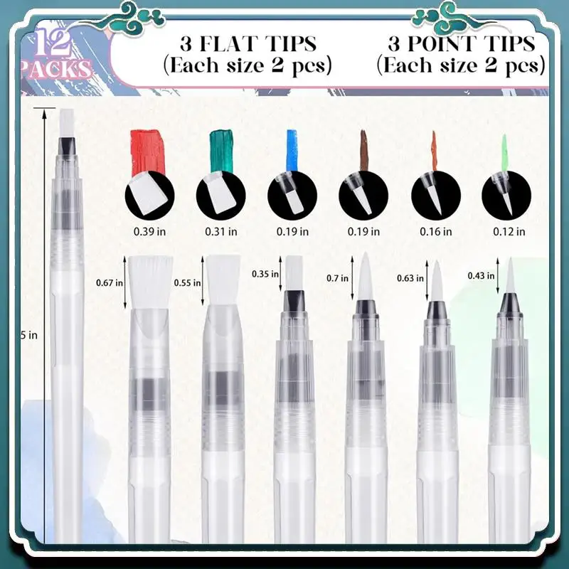 Premium 12Pcs Water Brush Pens For Watercolor With Caps, Leakproof Water Brush Pen With Assorted Tips