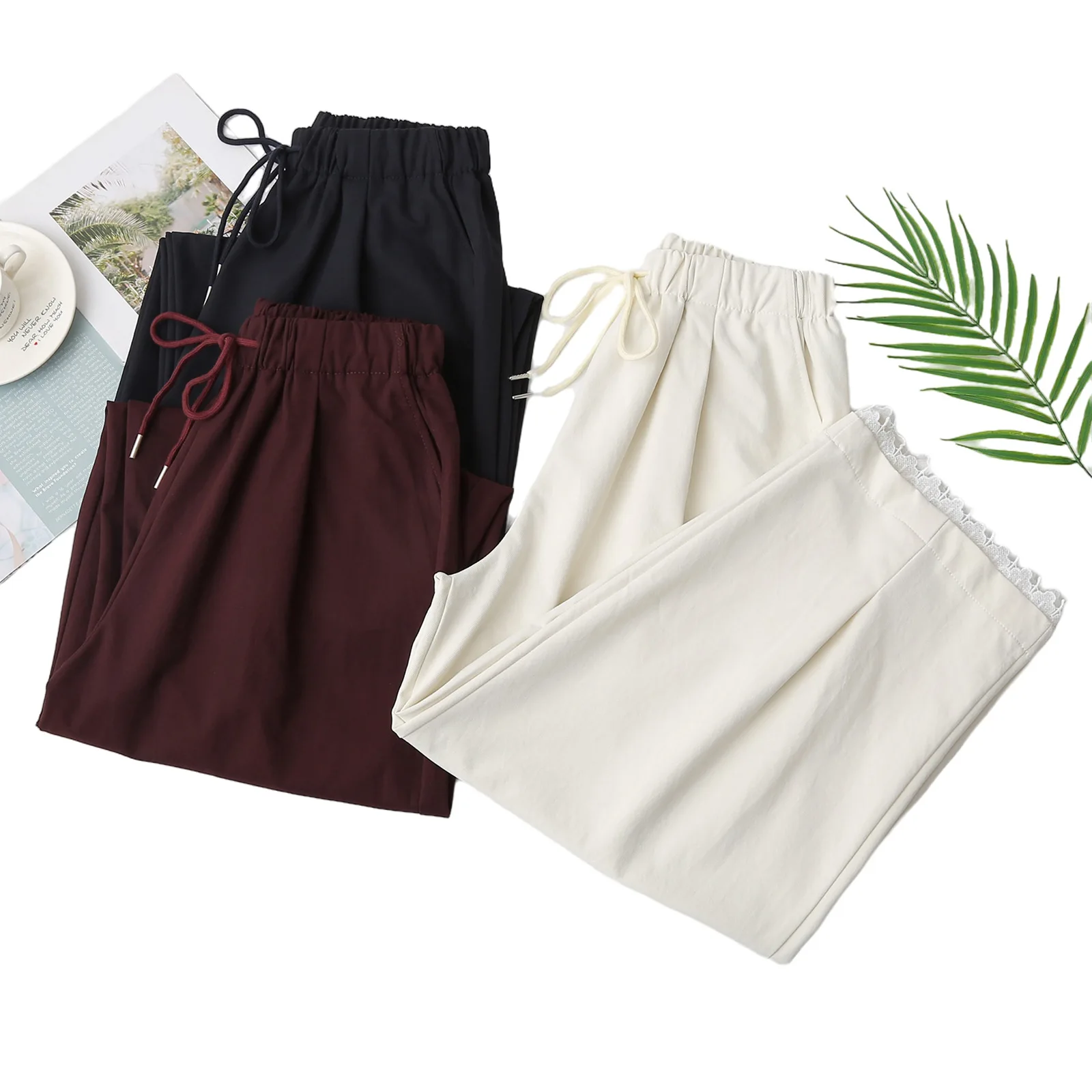 Fashion Plus Size Women's Pants Autumn New Casual Drawstring Waist Hem Lace Straight Trousers 25005