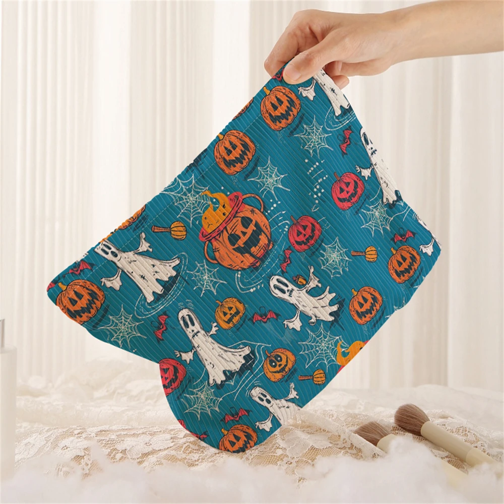 1 pumpkin and ghost patterned corduroy makeup bag, lightweight zipper makeup storage box, multifunctional bag with lining