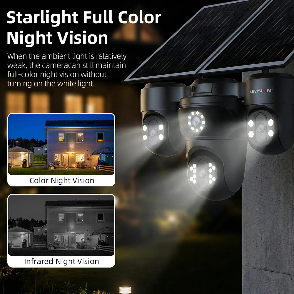 LS VISION 20MP Three PTZ Four Screens 4G AOV Solar Camera 12X Optical Zoom 24/7 Video Recording Auto Zoom Tracking CCTV Cameras 6