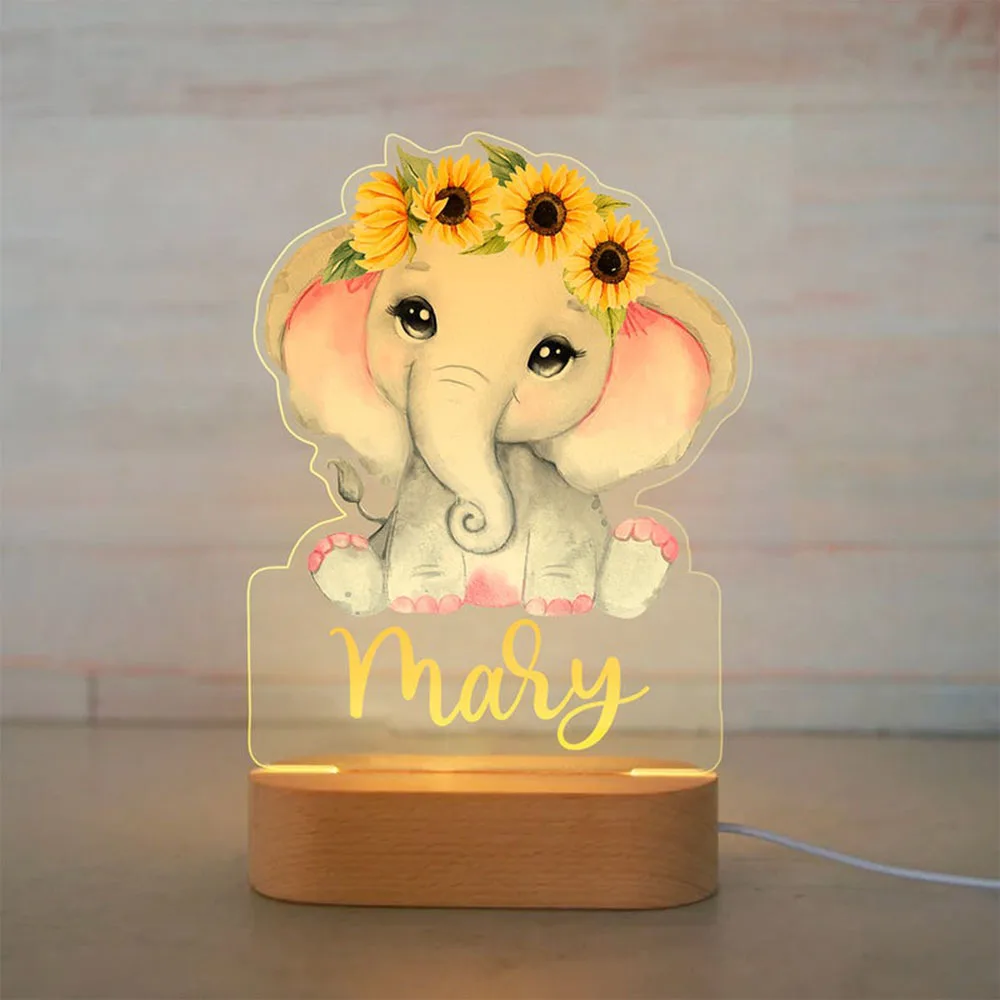 Personalized Baby Elephant Lion LED USB 7 Colors Night Light Name Acrylic Lamp For Kids Children Bedroom Home Decoration