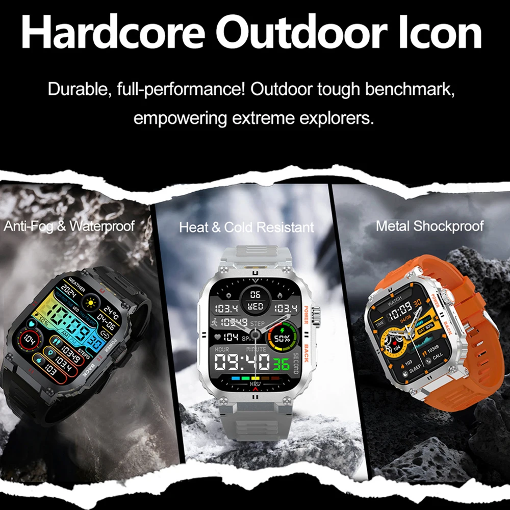 GPS Outdoor Sports Military Smart Watch Men LED Lights Health Monitoring AI Voice Assistant Waterproof Bluetooth Call Smartwatch