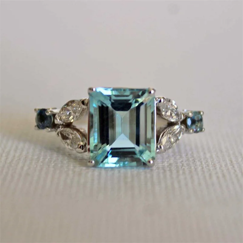 

Aquamarine Ring, Aquamarine Cut, Square, Simple and Exquisite Women's Ring, European and American Popular Wedding Jewelry
