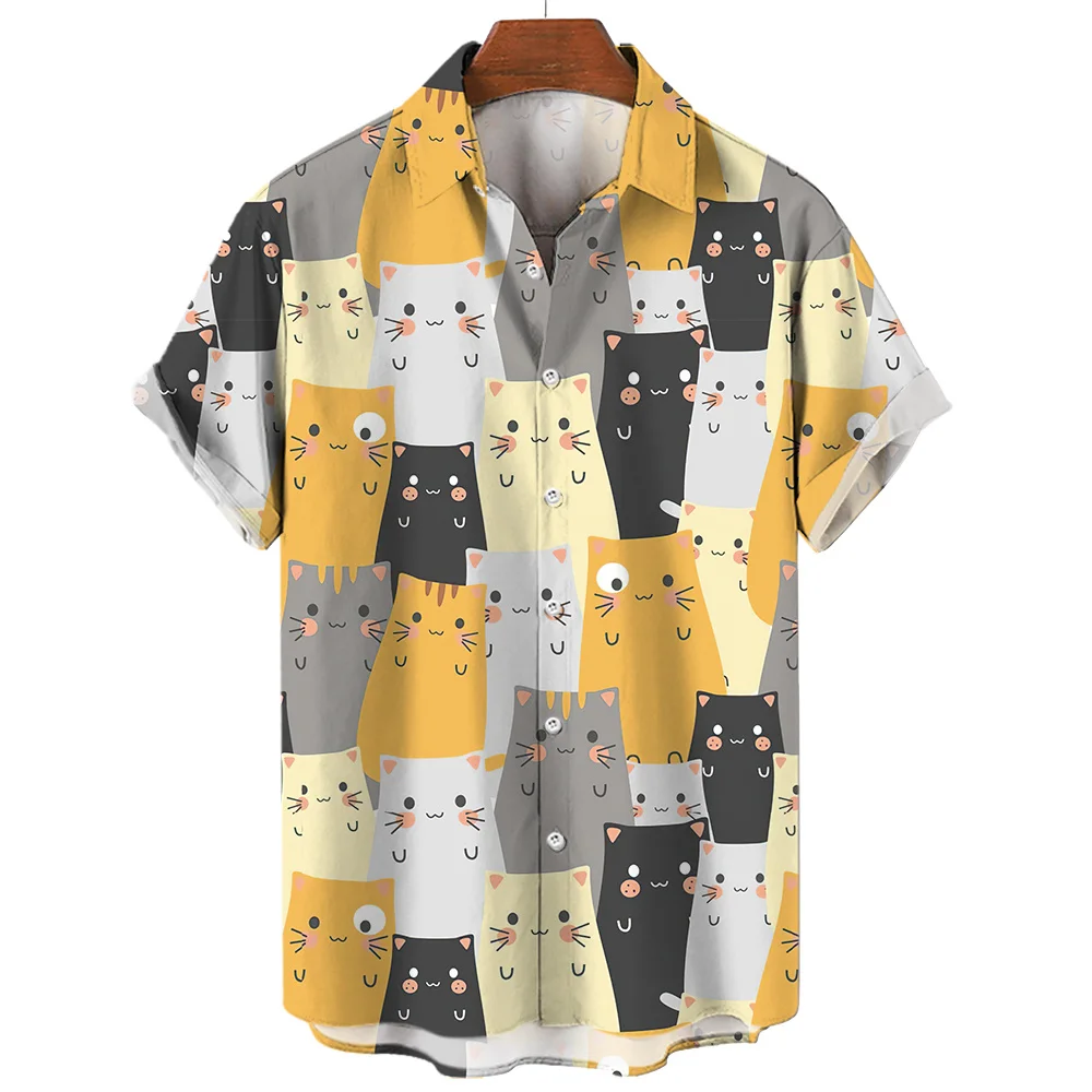 thumbnail image 1 of Camisetas de solapa con dibujos animados de gato para mujer, estilo callejero Y2k, con estampado 3D, manga corta y botón, ropa para mujer, camiseta superior, 1 of 5