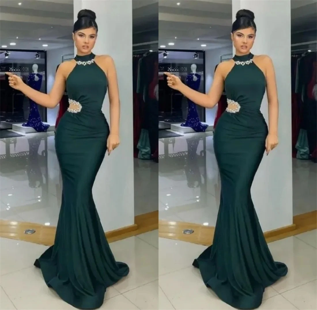 

Green Satin Modern Evening Dresses For Women Applique Sleeveless High Neck Prom Gown Mermaid Sweep Train Robes De Cocktail