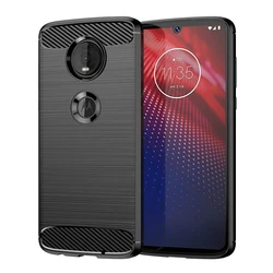 Shockproof Silicone Armor Soft Phone Cover with Carbon Fiber Design for Moto Z4 Force (Black)