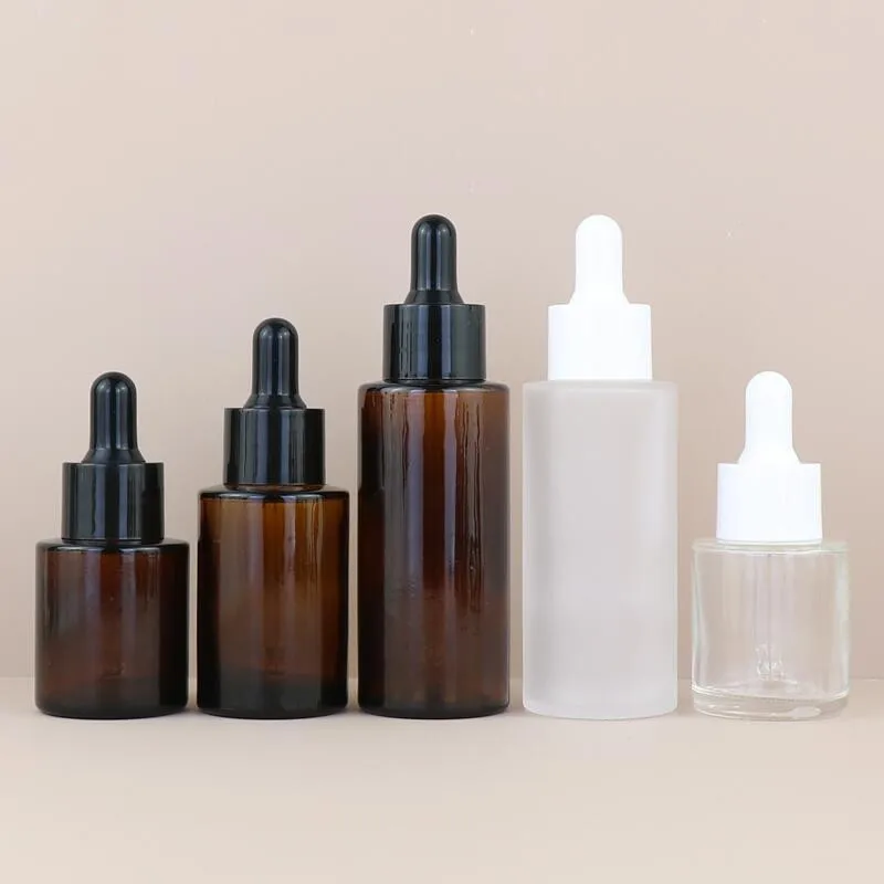 다크 브라운 투명 매트 에센셜 오일 유리 아로마 테라피 액체, 빈 스포이드 병, 리필 가능 마사지 피펫 드롭, 20 ml, 30 ml, 50ml