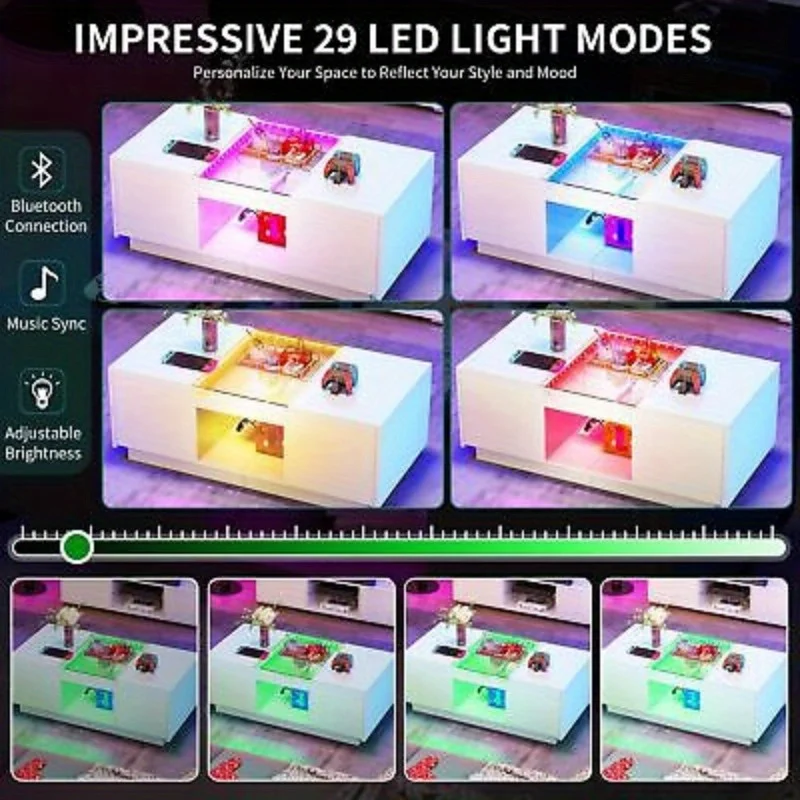 Modern LED Coffee Table with Power Outlets White 2 Drawers Living Room Table