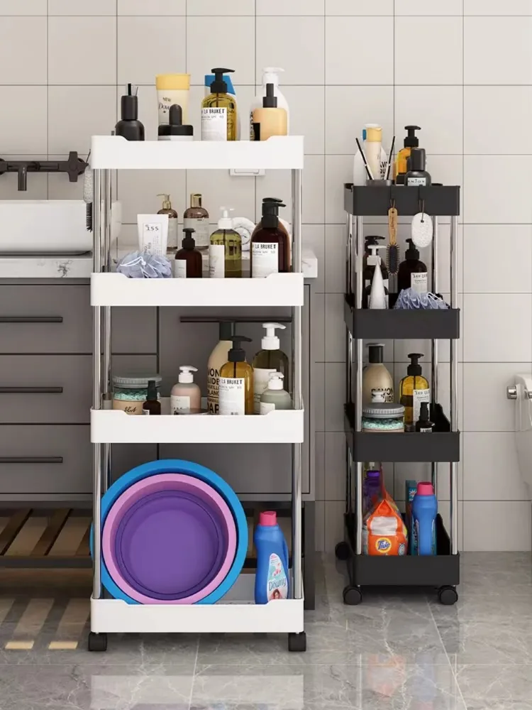 4 Tier Bathroom Shelf Movable Gap Trolley Slim Shampoo Rack with Wheels Shower Rolling Cart Bathroom Accessories No Drill