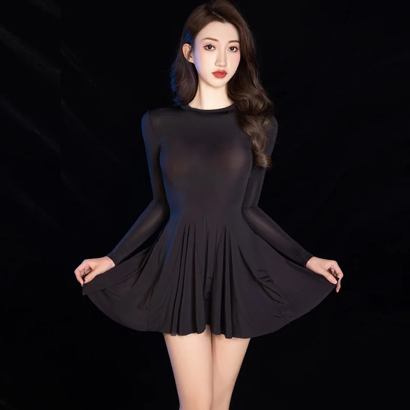 

Sexy Long Sleeves Tight Solid Mini Dress Fit and Flare High Elastic O Neck Nightdress Erotic Sheer Babydoll Nightclub Wear Women