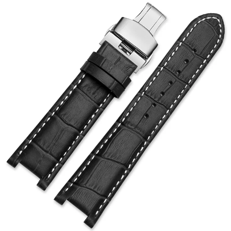 Genuine Leather Watchband with Stainless Steel Butterfly Buckle