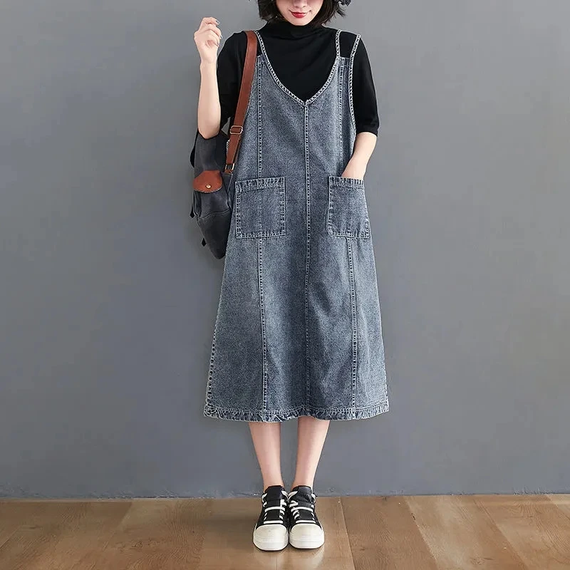 

Loose Plus Size Denim Dresses For Women Vintage Tank Strap Designer Suspender Dress Casual Blue Black Vestidos Jean Robe Longue