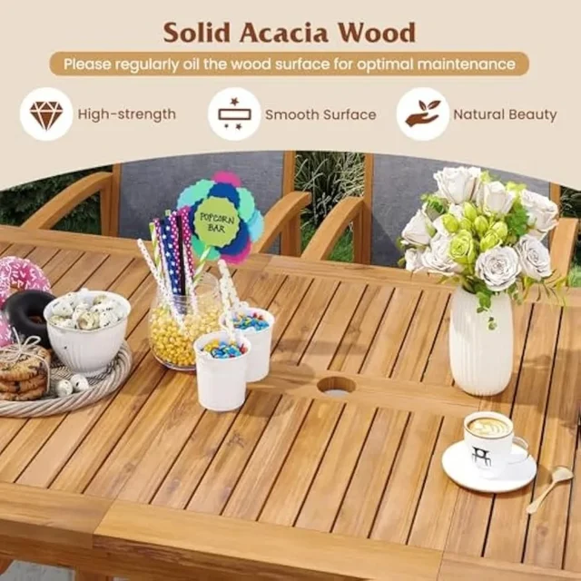 Set da pranzo da esterno in legno di acacia per 6-8 persone con tavolo e sedie espandibili, dotato di foro per ombrellone da 1,97 pollici e design traspirante 5