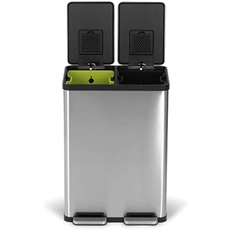 SIMPLI-MAGIC 60 Liter / 16 Gallon Rectangular Hands-Free Dual Compartment Recycling Kitchen Step Trash Can with Soft-Close Li