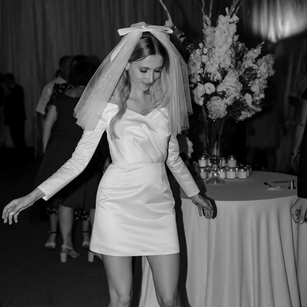 

Off The Shoulder Full Sleeves Wedding Dresses Short Mini Simple Satin Bridal Gown